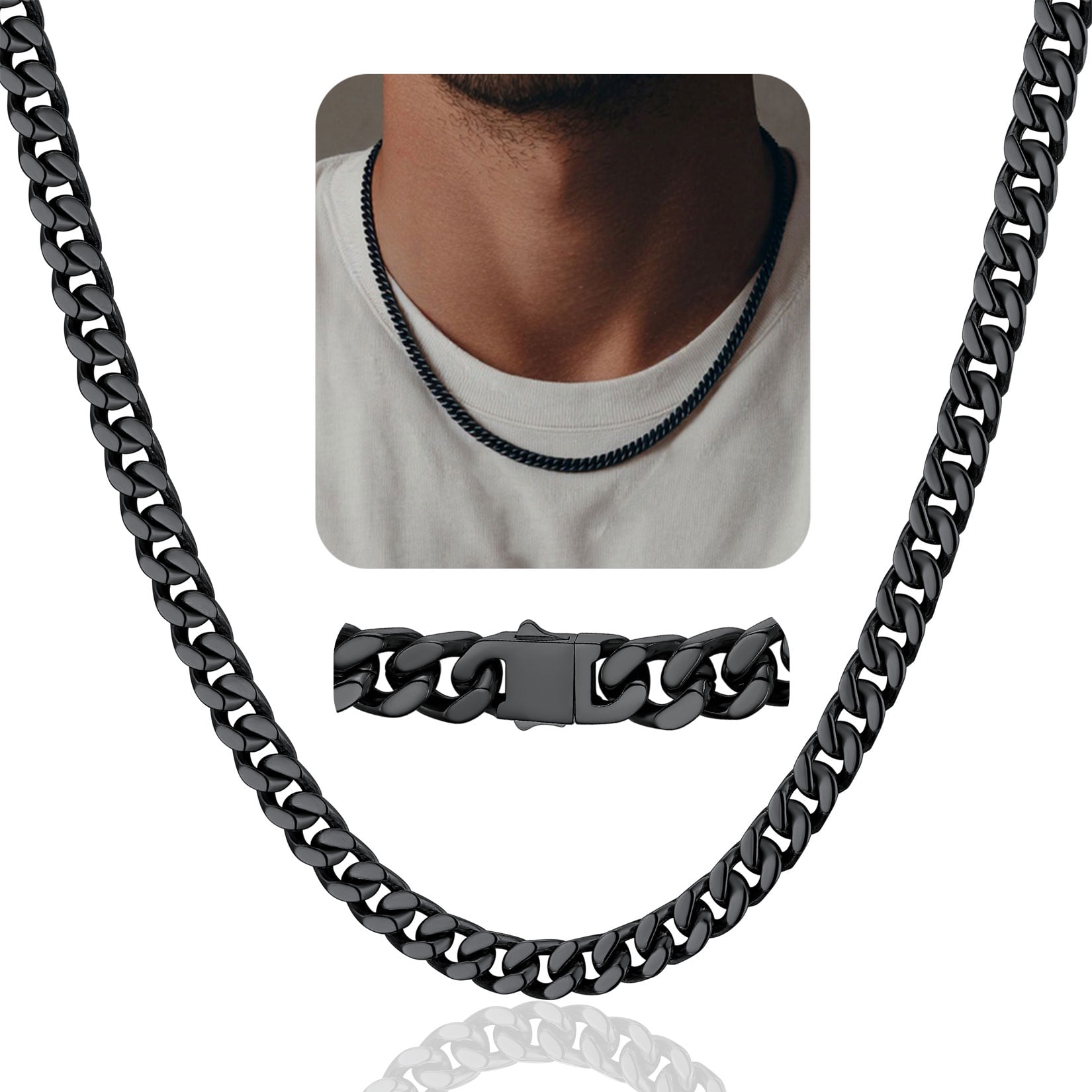 ChainsProMax Black Chain for Men 20inch Mens Chain Necklaces Cuban Chain Men's Stainless Steel Necklace