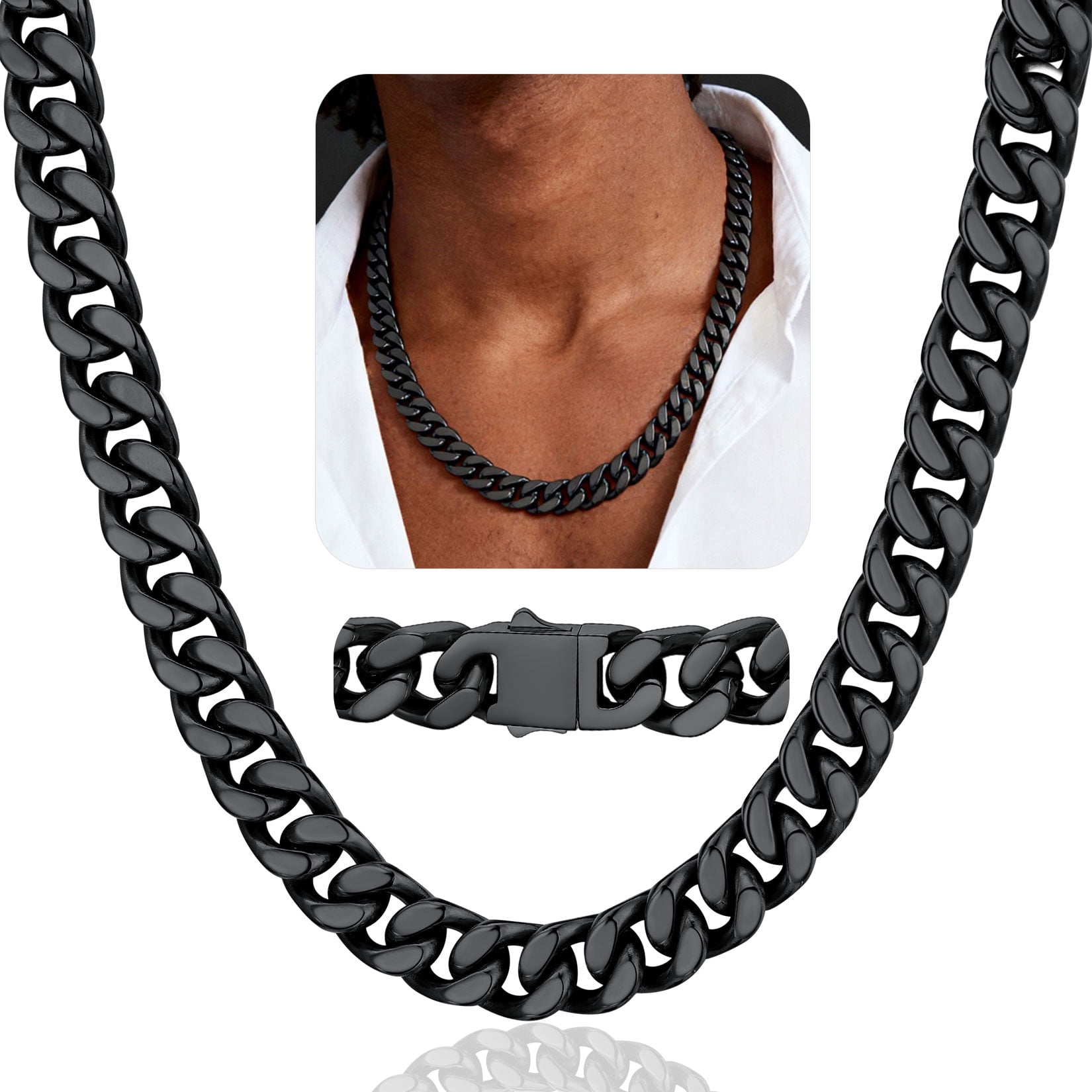 ChainsProMax Black Men's Chain 30inch Mens Jewelry Mens Long Chain Cuban Link Chain Black