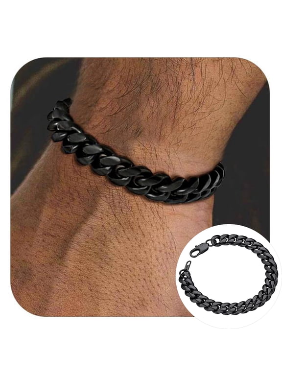 Stainless Steel Bracelets for Men, 10mm Chunky Cuban Chain Link Bracelet, 7.5 Inch Black Men's Chain Bracelet, Gift for Dad Son