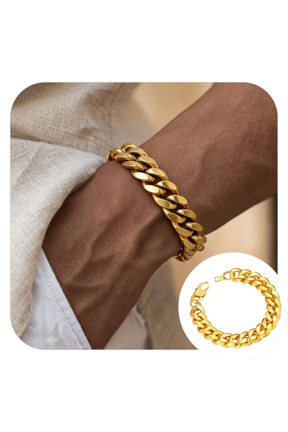 Chunky Chain Bracelet Mens 18K Gold Plated Bracelet Miami Cuban Link Chain Bracelet 14MM Hand Chain Gift for Dad