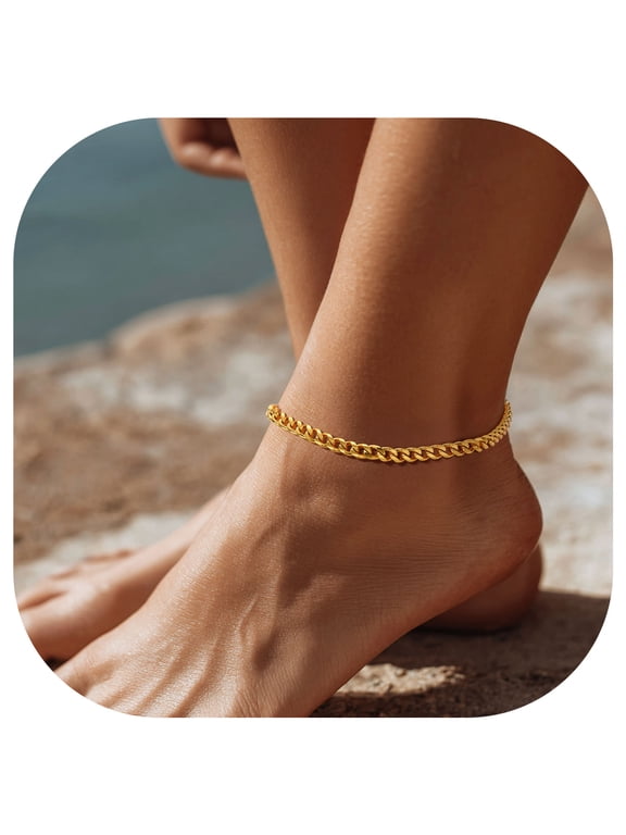 Gold Ankle Bracelets for Women Cuban Link Anklet Chain 18K Gold Plated Summer Jewelry