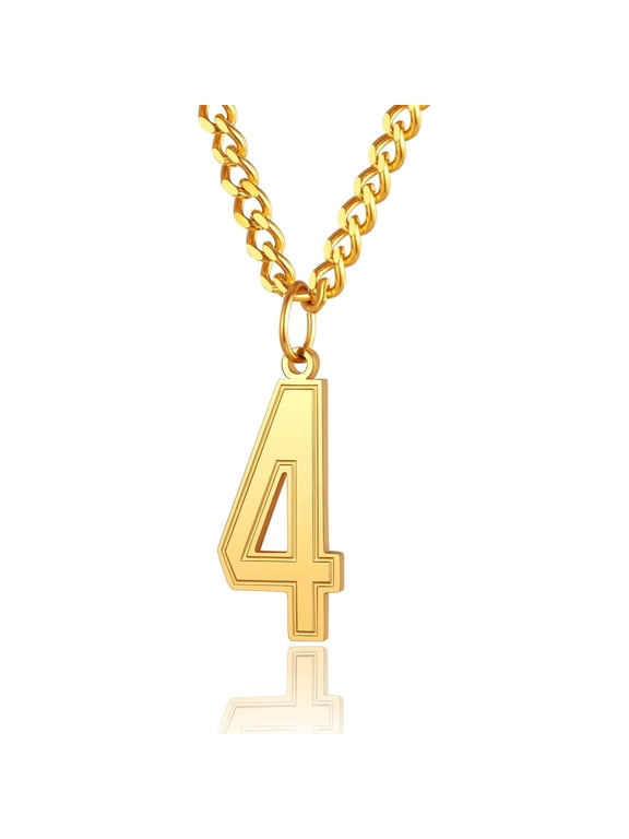 Gold Number Pendant Necklaces for Mens 18K Gold Plated Gold Curb Chain with Number 4