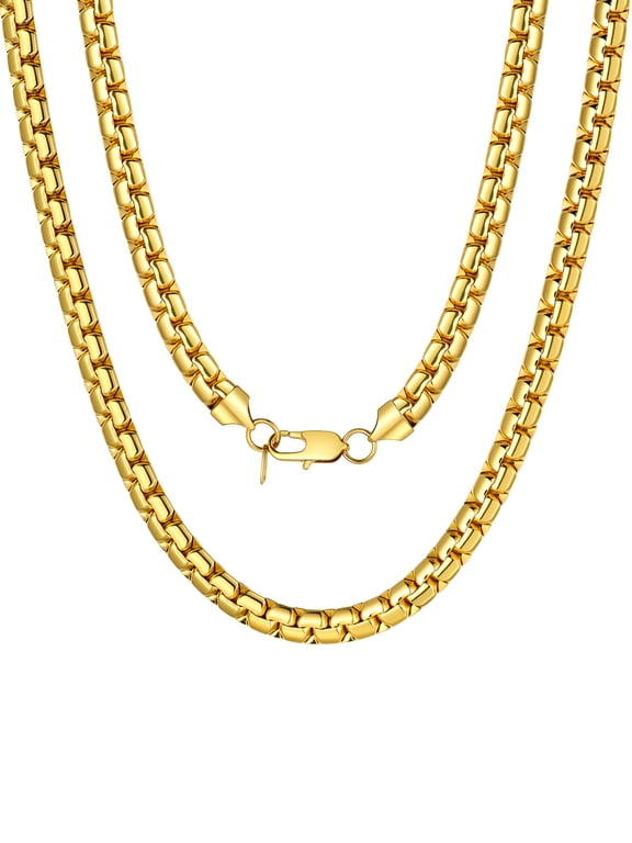Gold Plated Flat Box Chain for Men Necklace Stainless Steel 20inch 8mm Hip Hop Jewelry Gift for Father