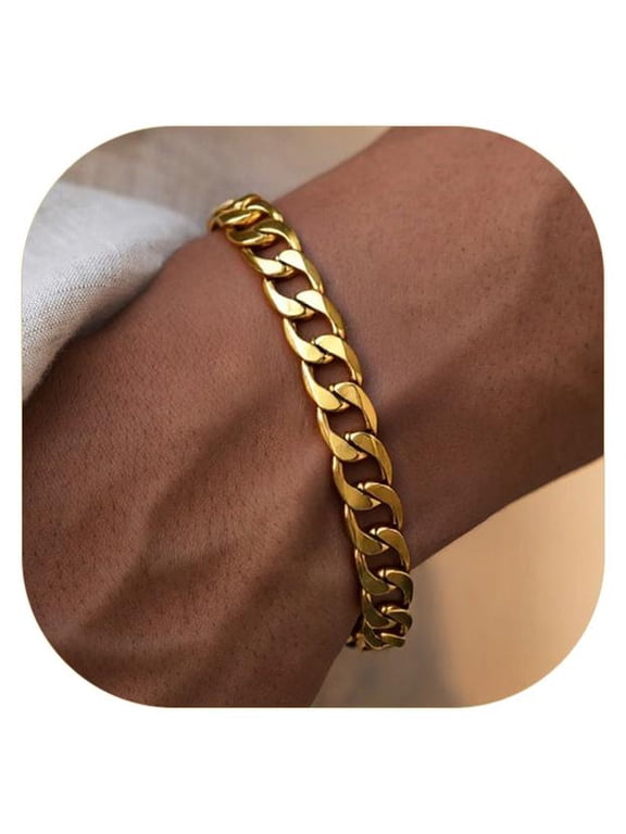 18K Gold Plated Wrist Bracelet for Men Women 8mm 7.5 inch Stainless Steel Cuban Bracelets Fathers Day Jewelry Gift for Dad Son