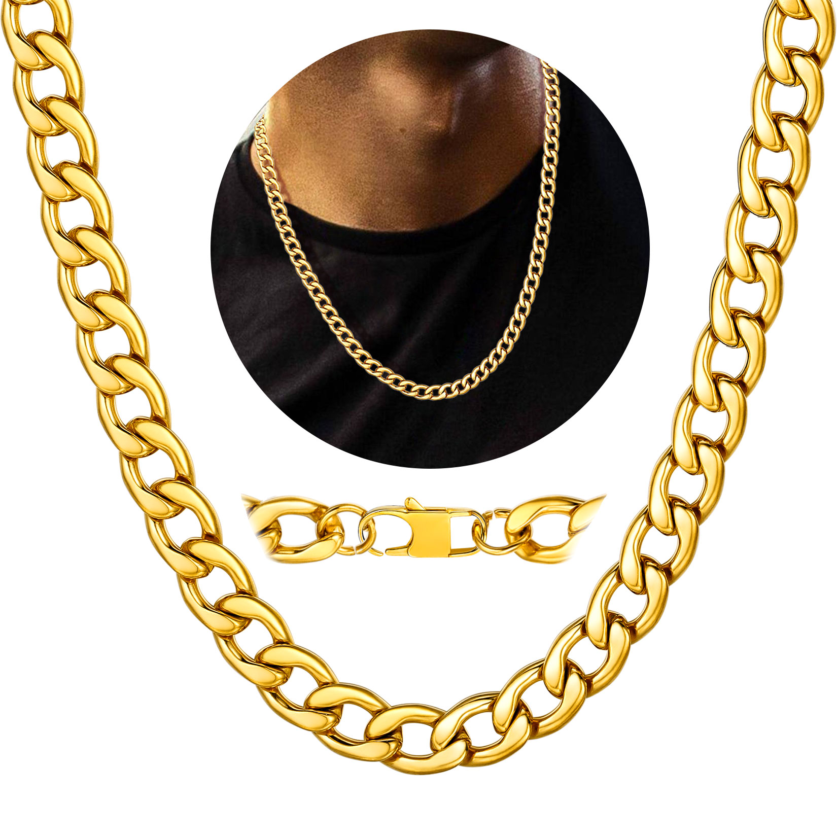 Men's 5mm Gold Plated Cuban Curb Link Chain Necklace – Stainless Steel, 18-40cm Length, H&J Jewelry