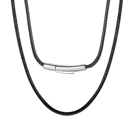ChainsProMax Men 2mm Black Wax Cord Leather Cord String Rope Chain Stainless Steel Clasp Necklace Rope 18 inch
