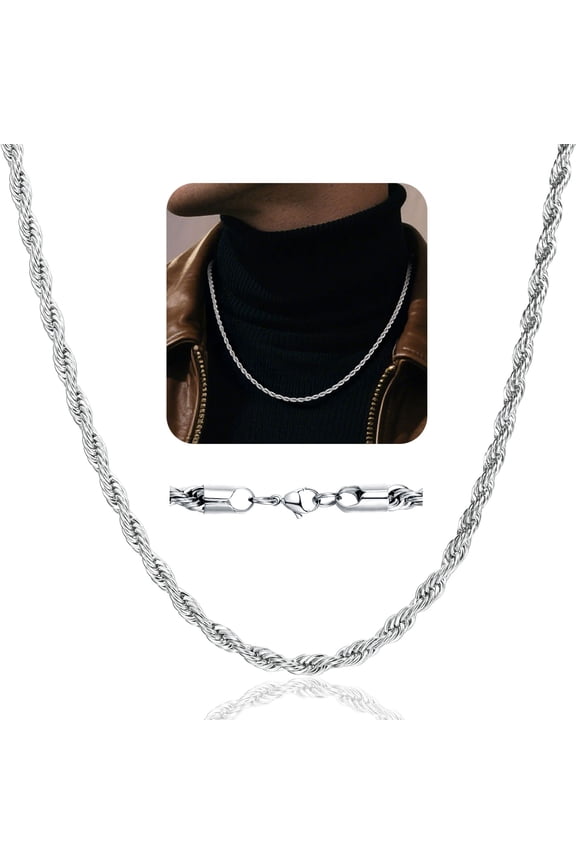 Men 3mm Twist Rope Necklace Replacement Chain for Pendant Charm 18"-30" 316L Stainless Steel Necklace Gift for Dad Father Son