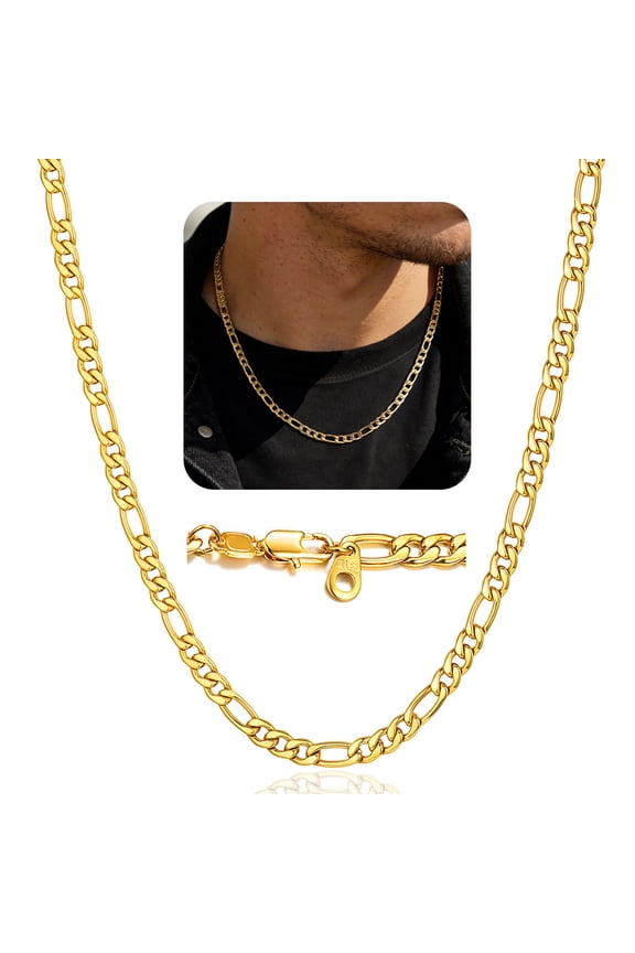 Men 5mm 14K Gold Plated Figaro Chain Necklace 316L Stainless Steel Necklace Gift for Dad Mom Fathers Day Mothers Day Gift