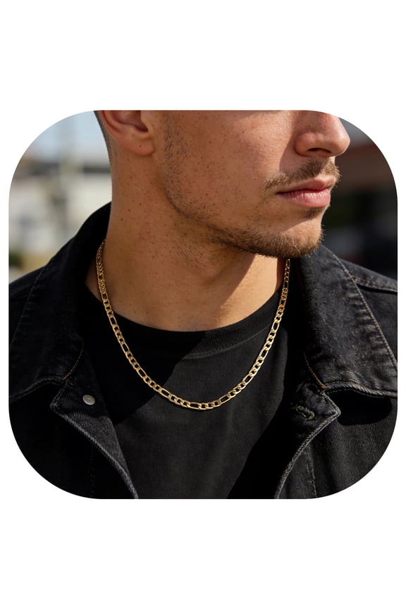 Men 5mm Figaro Chain Necklace, 316L Stainless Steel/Gold Plated/Black, 18"-30"