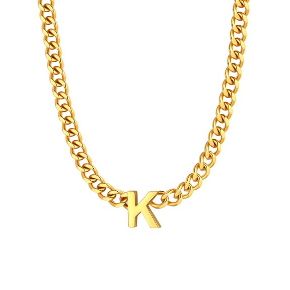 ChainsProMax Men A-Z Letter Necklace 7mm Cuban Link Chain Necklace, Stainless Steel/Gold Plated/Black