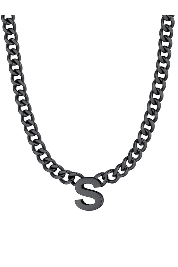 Men A-Z Letter Necklace 7mm Cuban Link Chain Necklace, Stainless Steel/Gold Plated/Black