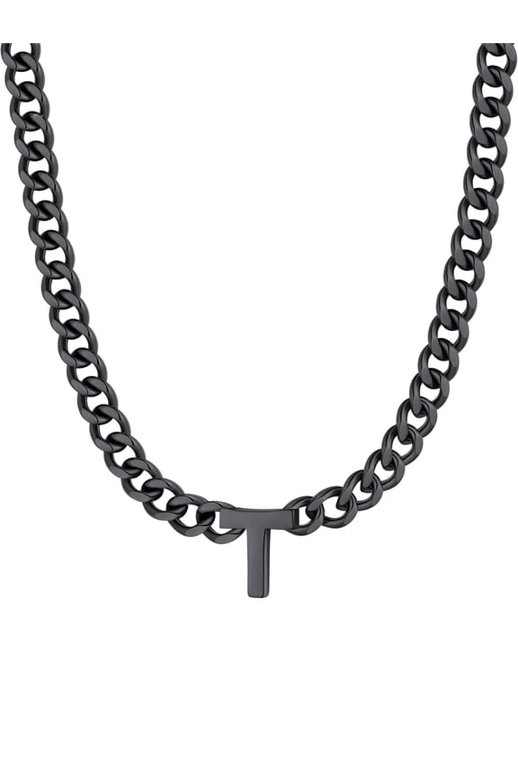 Men A-Z Letter Necklace 7mm Cuban Link Chain Necklace, Stainless Steel/Gold Plated/Black