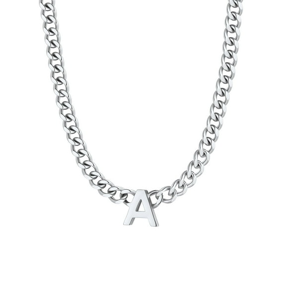 ChainsProMax Men A-Z Letter Necklace 7mm Cuban Link Chain Necklace, Stainless Steel/Gold Plated/Black