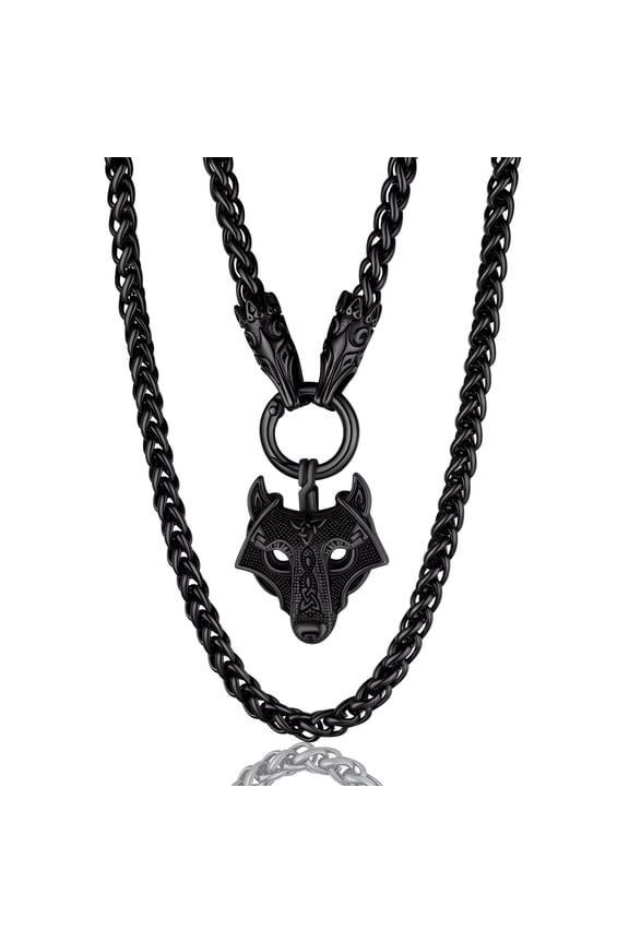 Men Chunky Viking Wolf Head Necklace, with 28inches Chain, Stainless Steel Norse Viking Jewelry