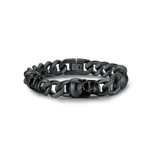 ChainsProMax Men Cuban Link Bracelet Skull Bracelets, Stainless Steel/Gold Plated/Black