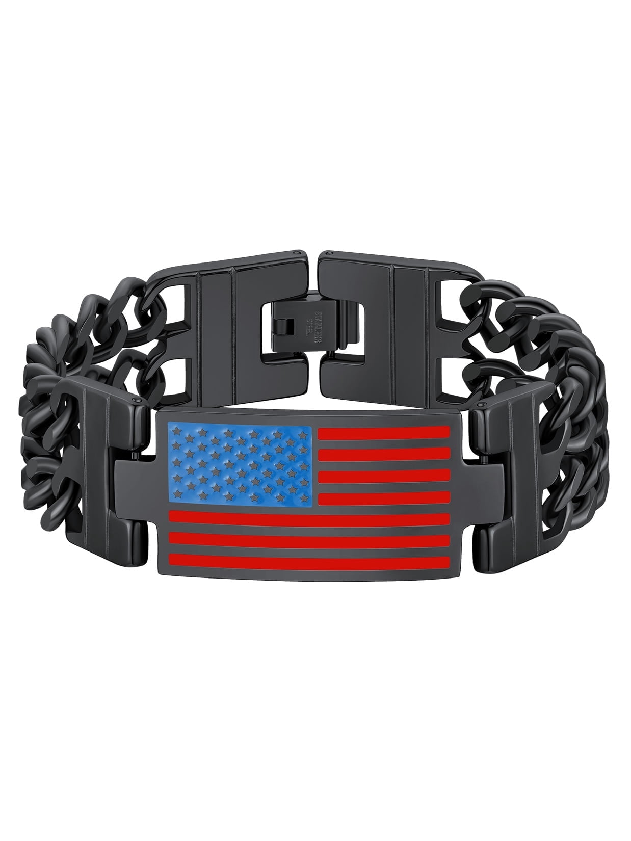 ChainsProMax Men Cuban Link Chain Bracelet, American Flag Bracelet, Stainless Steel Black Plated