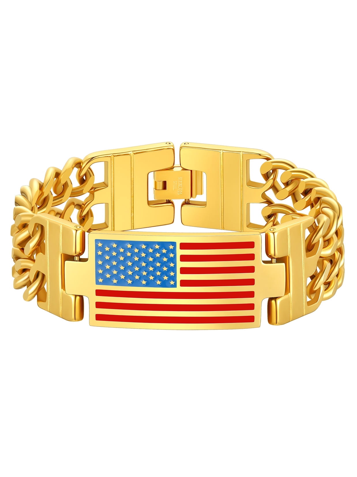 ChainsProMax Men Cuban Link Chain Bracelet, American Flag Bracelet, Stainless Steel Gold Plated