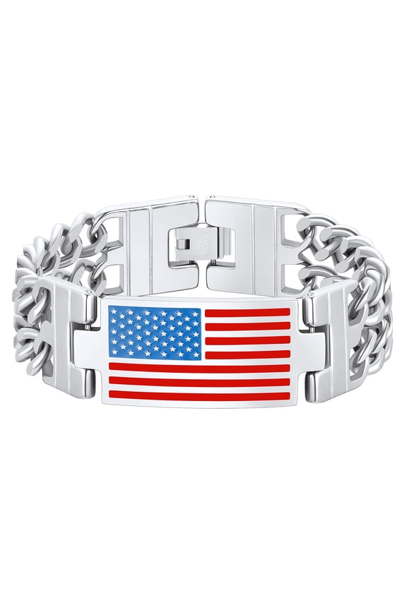 Men Cuban Link Chain Bracelet, American Flag Bracelet, Stainless Steel Mens Gift