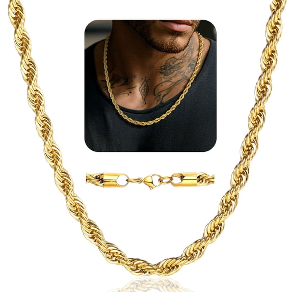 ChainsProMax Men Necklace 18K Gold Plated Replacement Rope Chain for Men Gift Fathers Day Jewelry Gift for Dad Son 6mm 20inches 316L Stainless Steel