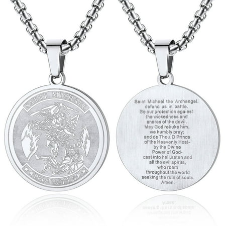 ChainsProMax Men Saint Michael Pendant Necklace Full Prayer Stainless Steel Protection Archangel Medallion