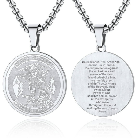 ChainsProMax Men Saint Michael Pendant Necklace Full Prayer Stainless Steel Protection Archangel Medallion