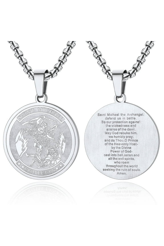 Men Saint Michael Pendant Necklace Full Prayer Stainless Steel Protection Archangel Medallion