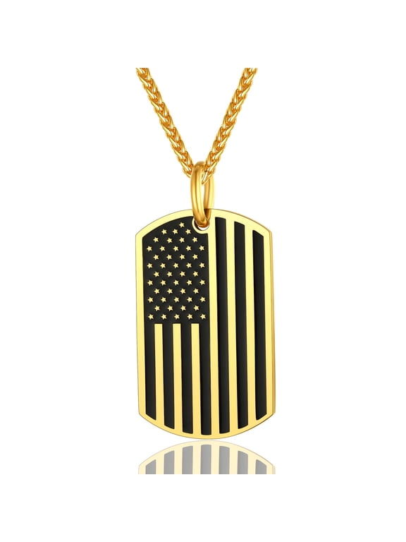 Men USA Flag Dog Tag Necklace, Customize Necklace with Stainless Steel Chain, Gold Plated/Black