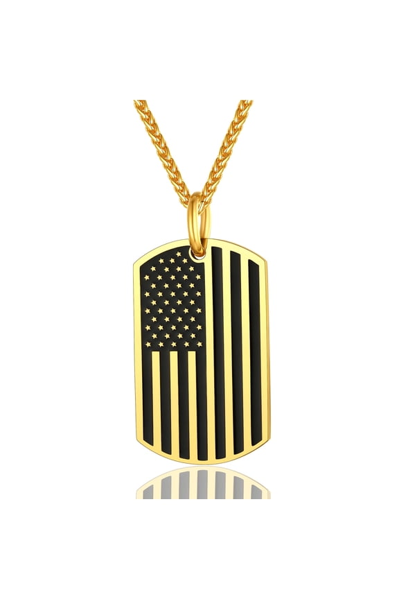 Men USA Flag Dog Tag Necklace, Customize Necklace with Stainless Steel Chain, Gold Plated/Black