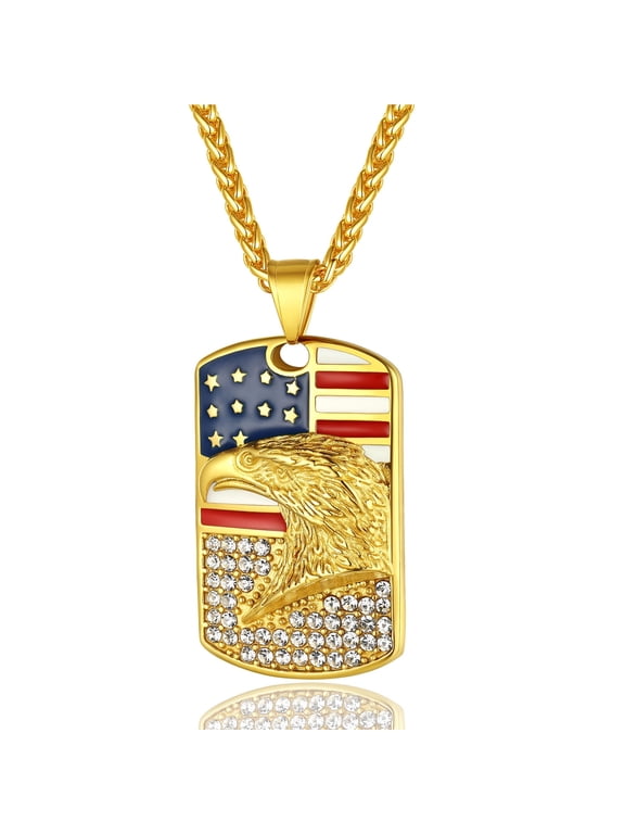 Men USA Flag Dog Tag Necklace, Customize Necklace with Stainless Steel Chain, Gold Plated/Black