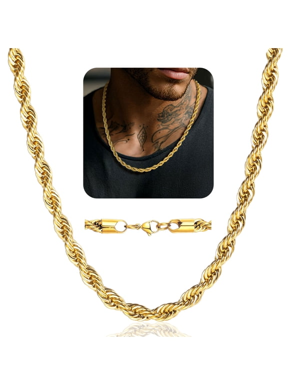 Men's 18K Gold Plated Rope Chain Necklace, 6mm 20-Inch 316L Stainless Steel Replacement Chain for Men, Christmas Father's Day Gift for Dad