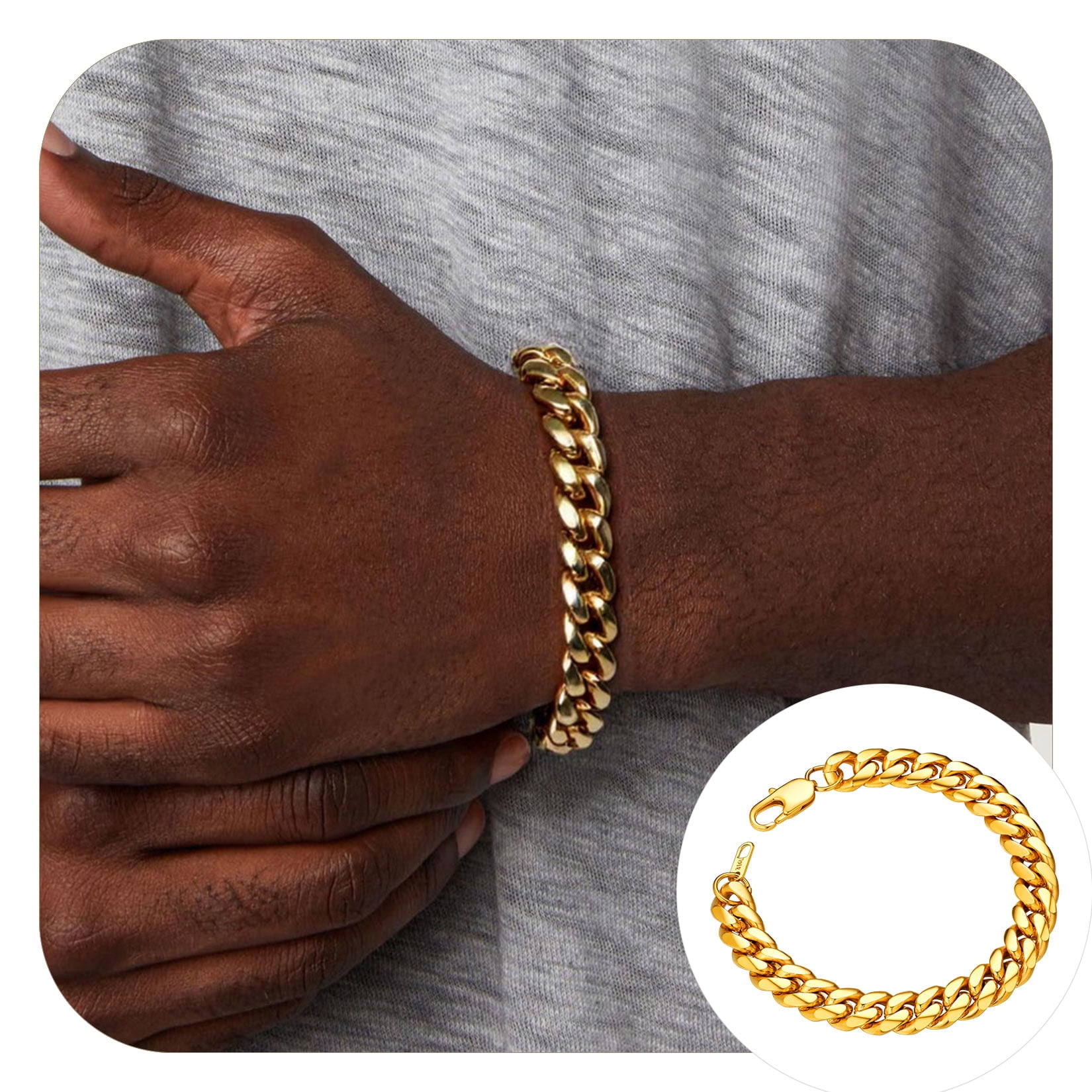 ChainsProMax Mens Chain Bracelet 18K Gold Plated Curb Chain Bracelet Men 10MM 19CM Wrist Chain Bracelet Gift for Dad Father Son