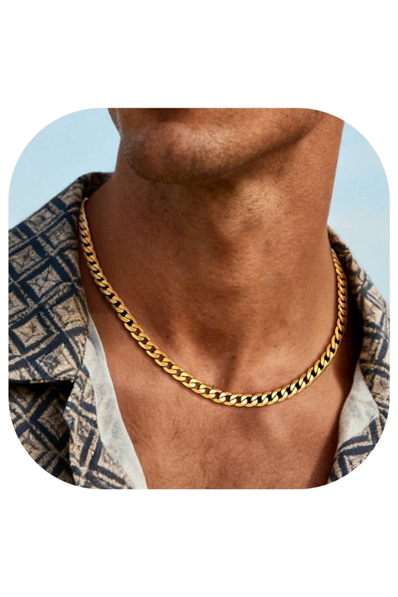 Mens Curb Chain Necklace 6MM Width 22" Length Hip Hop Jewelry 316L Stainless Steel Gold Plated