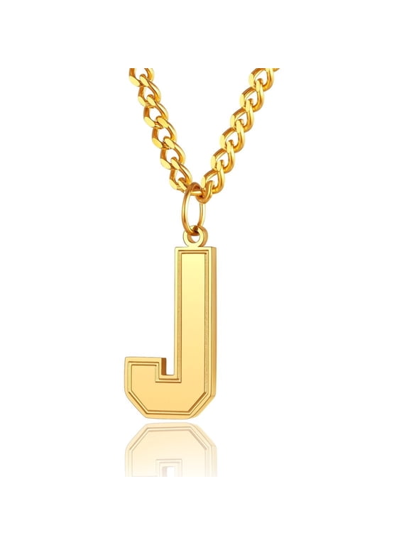Mens Letter Necklace J Pendant with 18K Gold Plated Curb Chain Initial Jewelry Gift