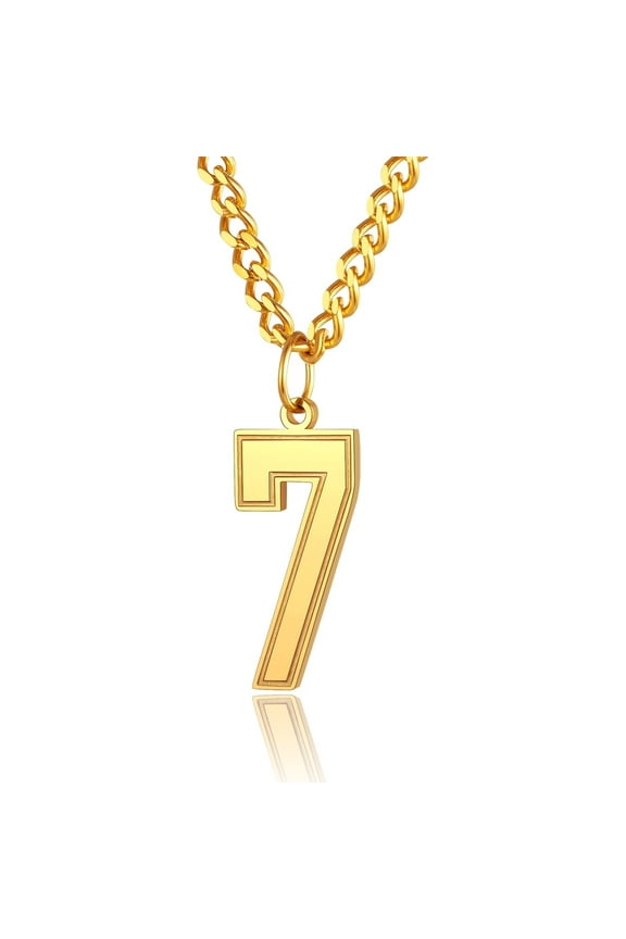 Number 7 Gold Necklace for Women Mens Gift 18K Gold Plated Curb Chain