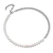 ChainsProMax Pearl Choker Necklaces for Men Women, Half Pearl Half Cuban Chain Necklace, Stainless Steel/Gold Plated/Black