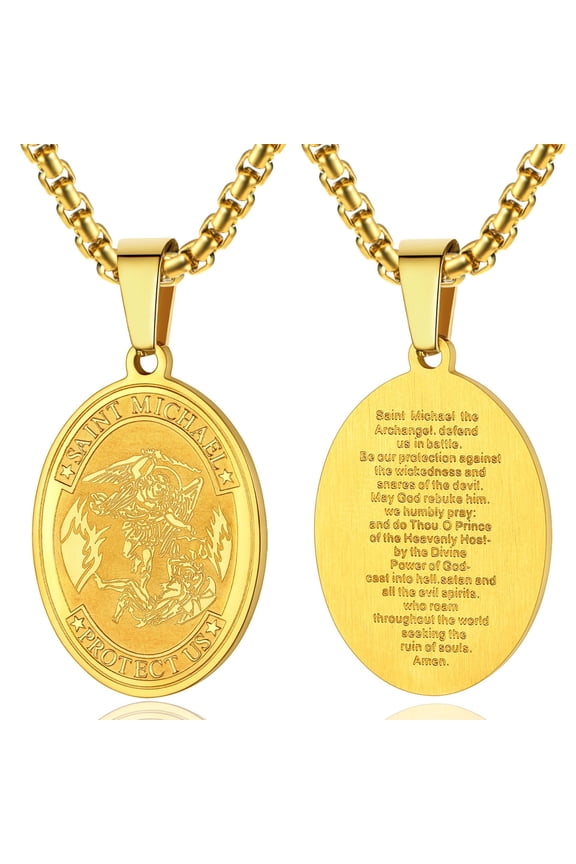 Saint Michael Necklace for Men with Full Prayer, Protection Archangel Medallion, Gold Plated, Chain 55+5CM