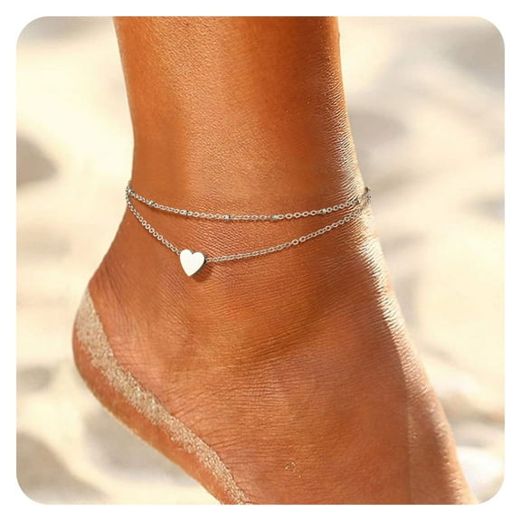 ChainsProMax Stainless Steel Ankle Bracelets for Women Layered Heart Charm Anklets Foot Chain Summer Boho Beach Gift