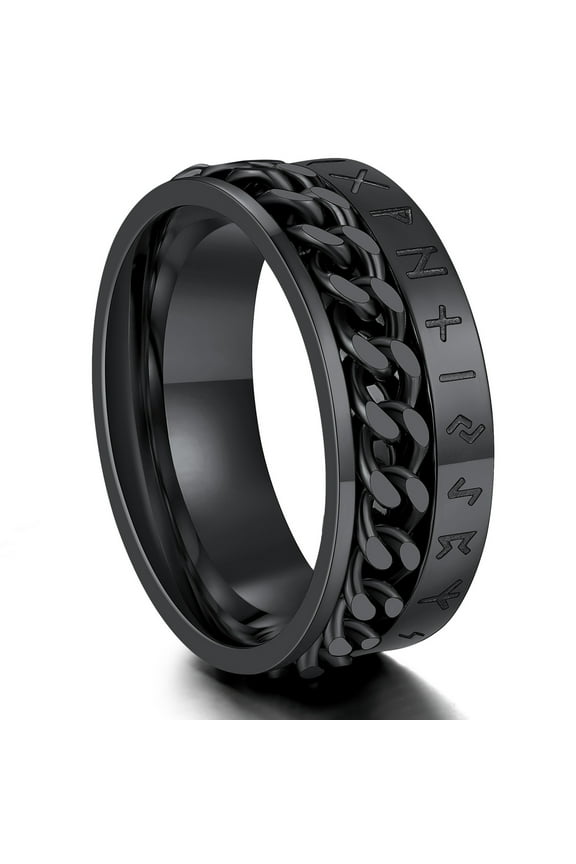 Viking Rune Spinner Rings for Men/Women, Size #7-#14 Chain Link Fidget Ring, Black