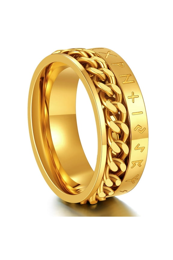 Viking Rune Spinner Rings for Men/Women, Size #7-#14 Chain Link Fidget Ring, Gold Plated