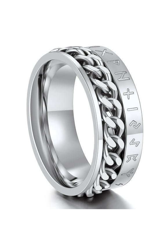 Viking Rune Spinner Rings for Men/Women, Size #7-#14 Chain Link Fidget Ring, Stainless Steel