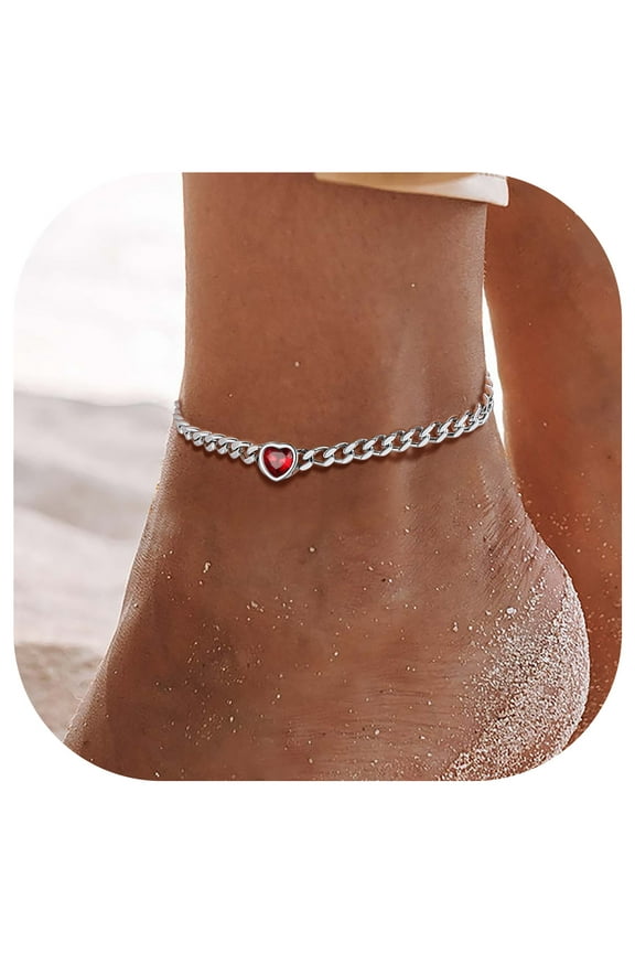 Women Heart Anklets 5MM Cuban Link Birthstone Ankle Bracelet Jewelry Gift, Stainless Steel