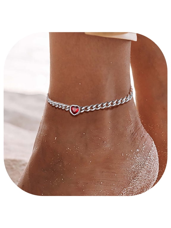 Women Heart Anklets 5MM Cuban Link Birthstone Ankle Bracelet Jewelry Gift, Stainless Steel