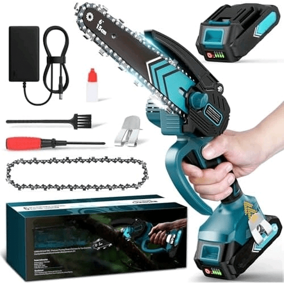 Chainsaw 6-Inch 1 Pack 2000mAh Battery Hand Mini Chain Saw Birthday Christmas Gifts for Men Portable Cordless for Wood Cutting Tree Trimming Projects Gardening Tools (Blue-1 Battery)$$Garden & Patio