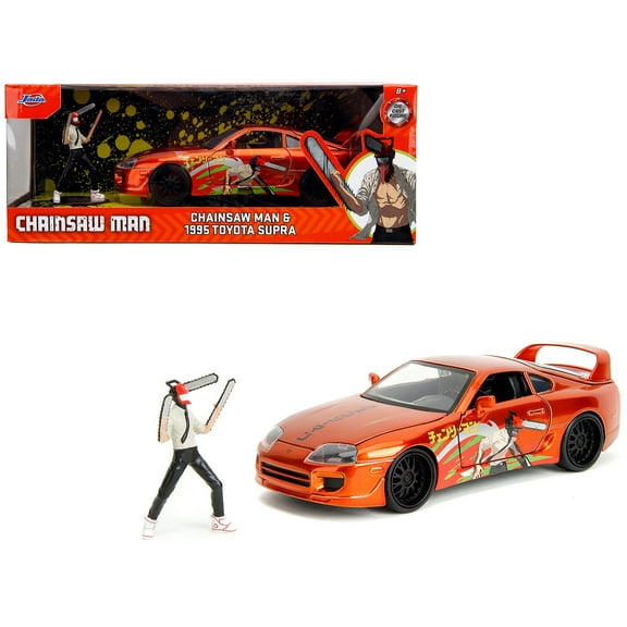 Chainsaw Man - Anime HWR 1995 Toyota Supra 1:24 Diecast Car by Jada Toys Chainsaw Man Figure Included Opening Doors & Hood Collector's Edition Orange/Black Age 8+
