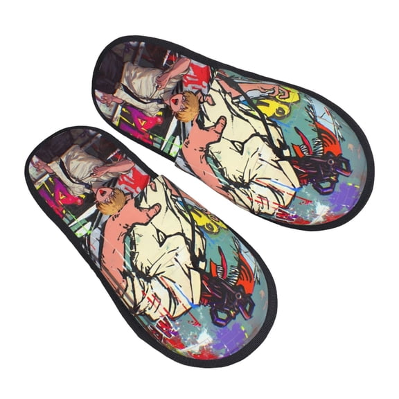 Chainsaw Man Furry Slippers For Men Women Fuzzy House Slippers Winter Anti-Slip Indoor And Outdoor Slip On Shoes Large
