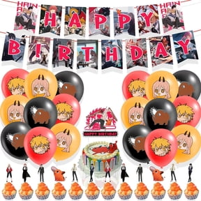 Chainsaw Man Theme Birthday Party Supplies Set with Happy Birthday Banner, Cake Topper, Cupcake Topper, Balloons