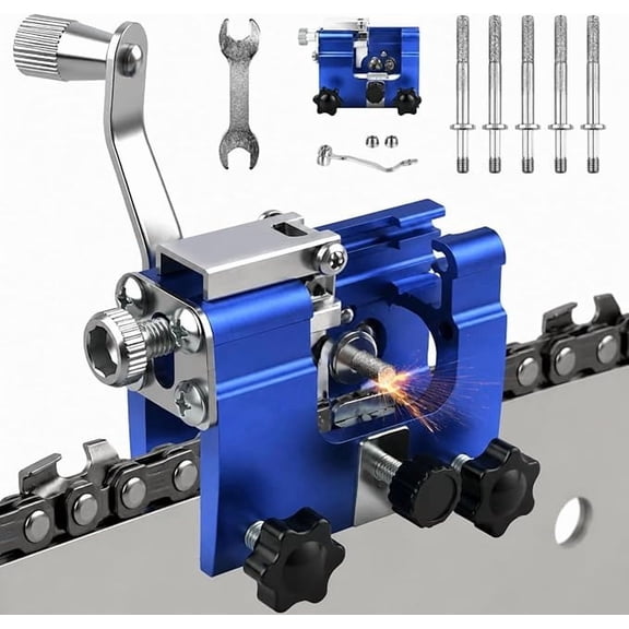 Chainsaw Sharpener Jig Kit, Portable Chainsaw Sharpening Tool with Burr Grinding Stone & Cleaning Brush, Manual Chain Saw Blade Sharpener Attachment for Chain/Electric Saw, Lumberjack (Blue,Large)