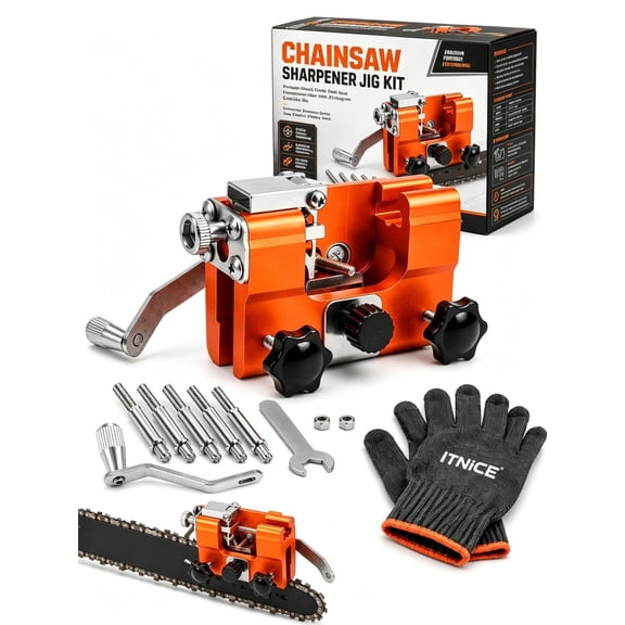 Chainsaw Sharpener Jig Kit, Portable Hand Crank Chain Electric Saw Sharpening Tool with 5 Tungsten Carbide Bits, Universal Chainsaw Blade Sharpener Set for Gas, Electric & Battery Saws(Yellow,Small)