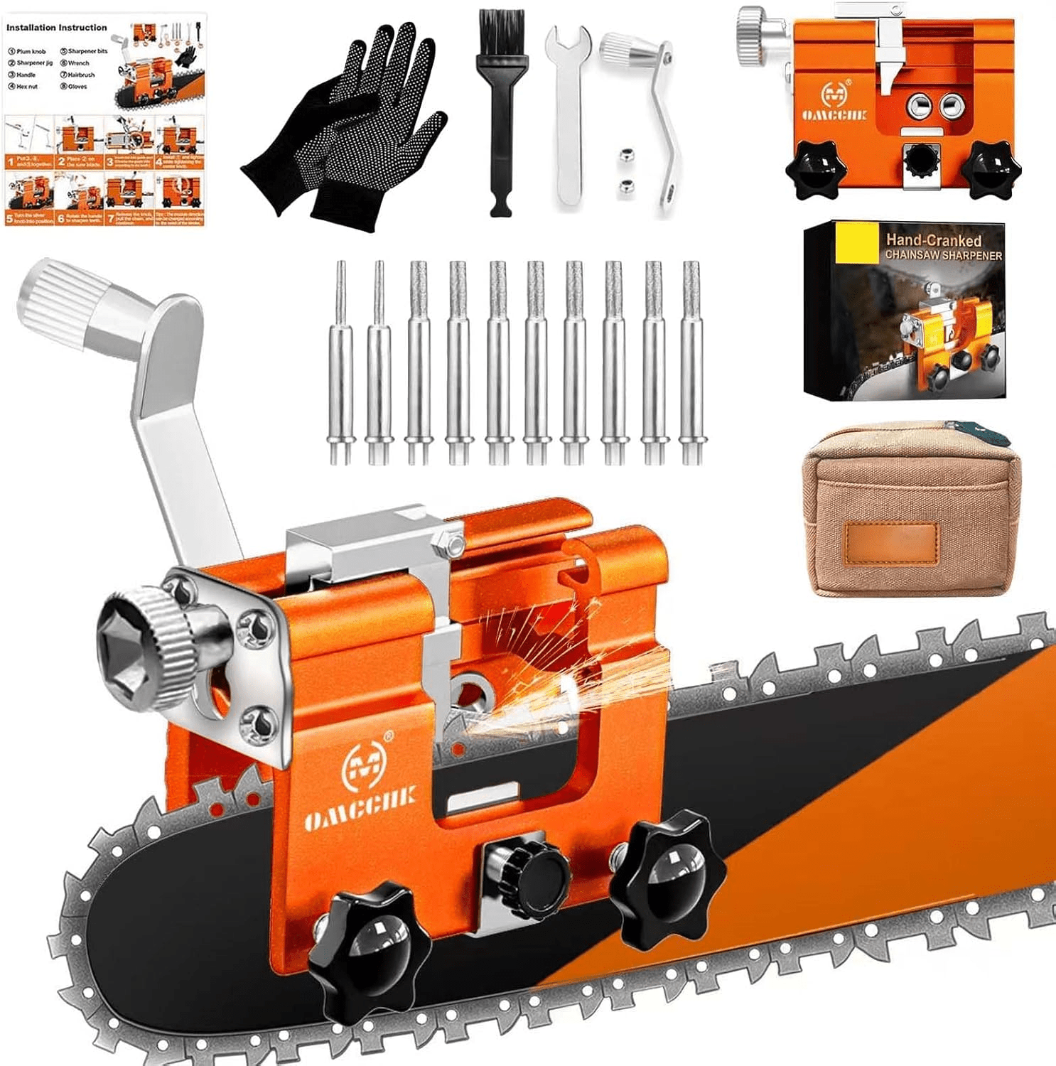 OMCCHK Chainsaw Sharpener Jig with 10 Titanium Bits, Universal Portable ...