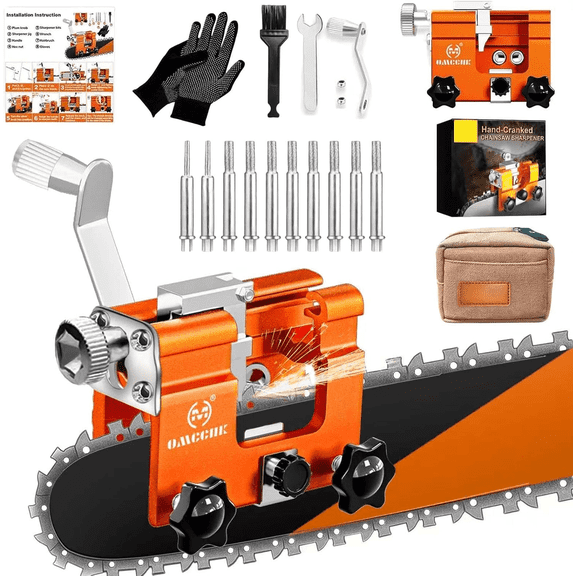 OMCCHK Chainsaw Sharpener Jig with 10 Titanium Bits, Universal Portable Manual Chain Saw Sharpener Tool Kit Accessories for 4 - 22 Inch Chain Saw Sharpening